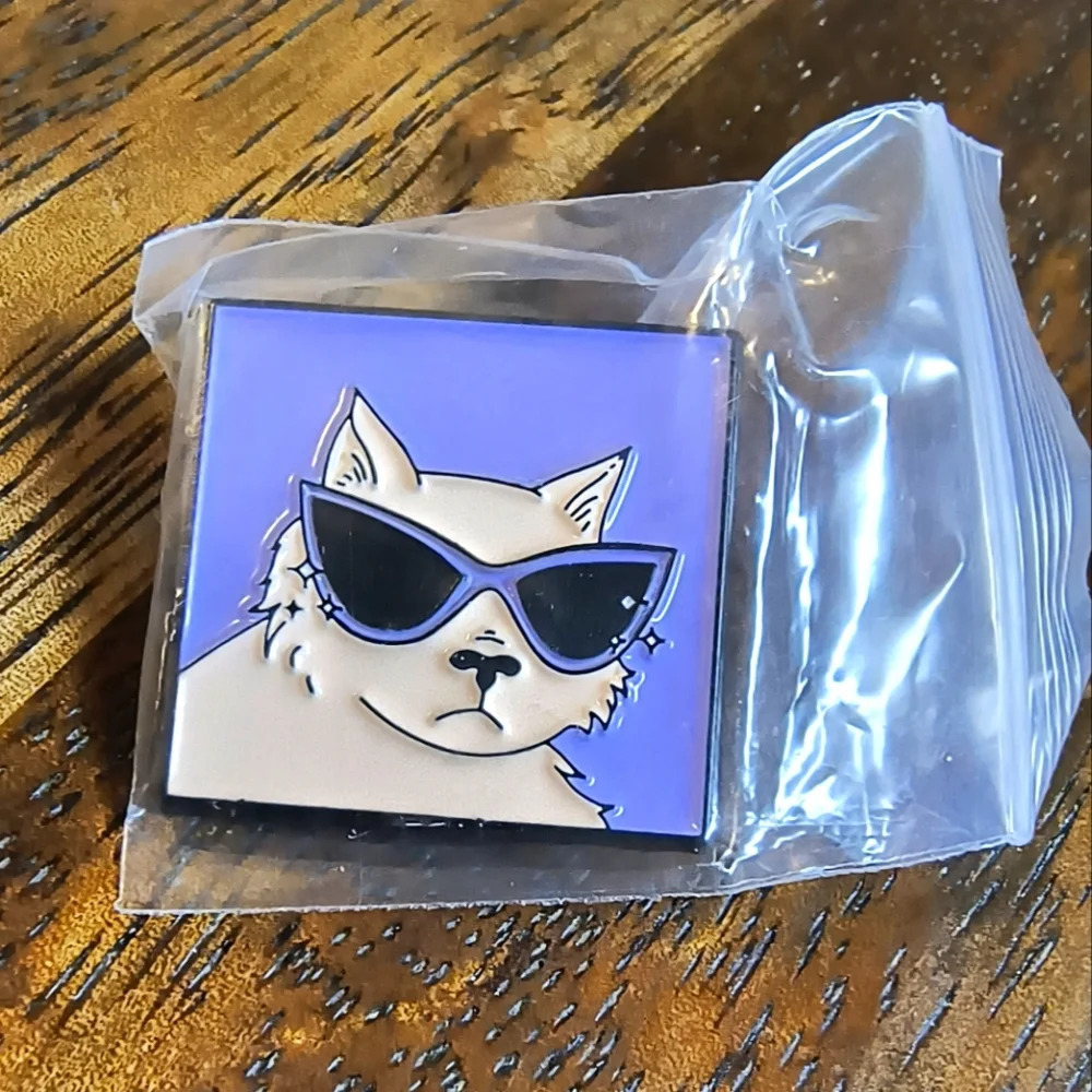 White cartoon cat wearing shades enamel pin backpack hat clothes bag cap denim